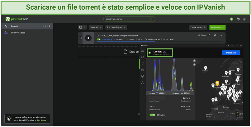 Screenshot of IPVanish torrenting with uTorrent on London server