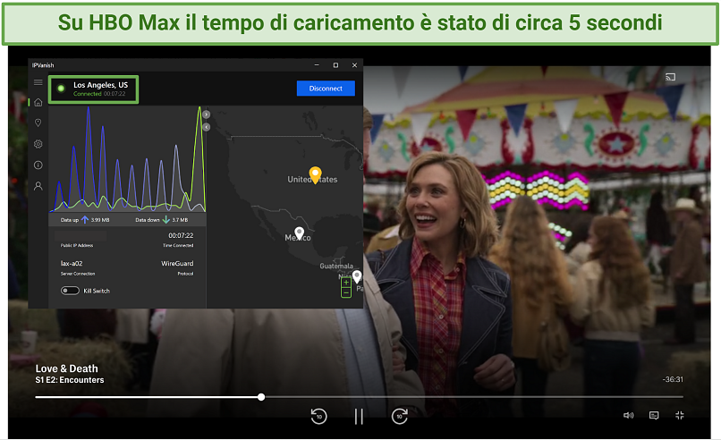 Screenshot of IPVanish unblocking HBO Max on LA server