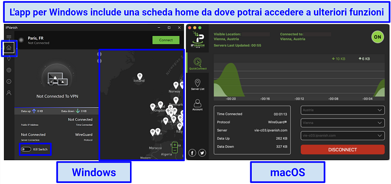Screenshot of IPVanish's macOS and Windows applications