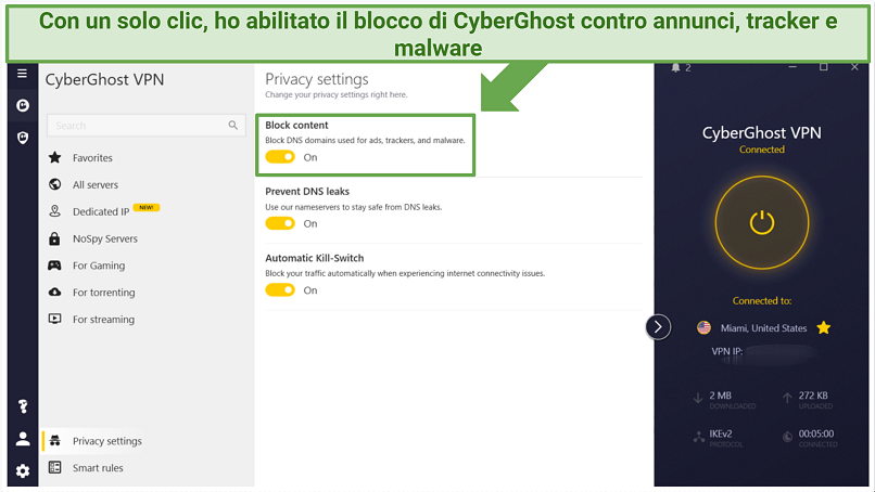 CyberGhost's Windows app displaying how to enable the built-in adblocker