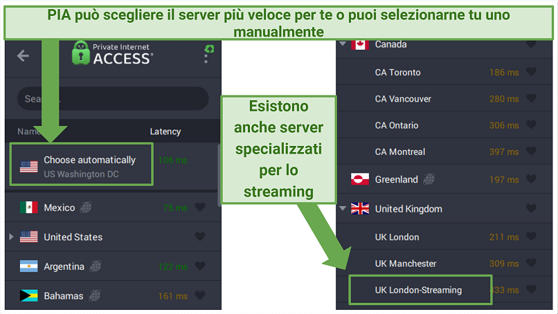 PIA's Windows app displaying different server options