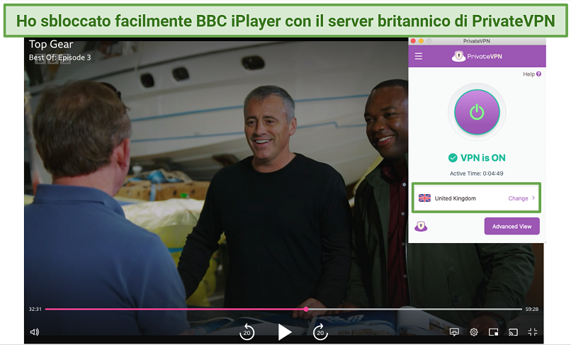 Screenshot of watching Top Gear on BBC iPlayer using PrivateVPN's UK server