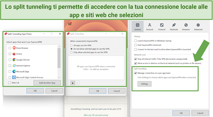 Screenshot of ExpressVPN split tunneling features on Android and Windows apps