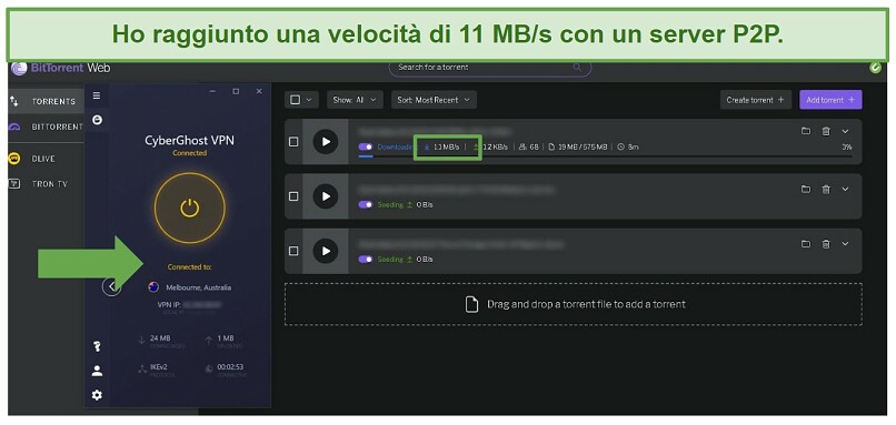 Screenshot of Bit Torrent downloading files while connected to CyberGhost