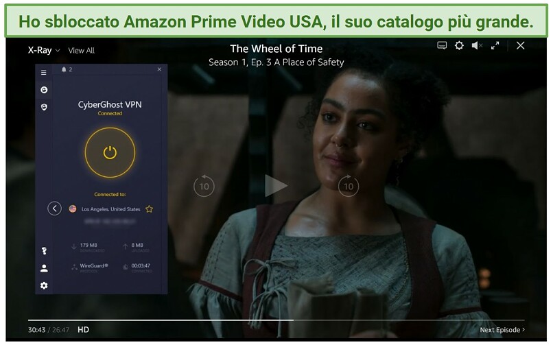 Screenshot of Amazon Prime Video player streaming Wheel of Time while connected to CyberGhost