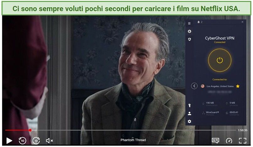 Screenshot of Netflix player streaming Phantom Thread while connected to CyberGhost VPN