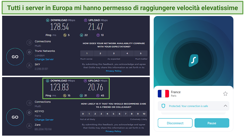 Screenshot of Ookla speed tests done with no VPN connected and connected to Surfshark's Paris server