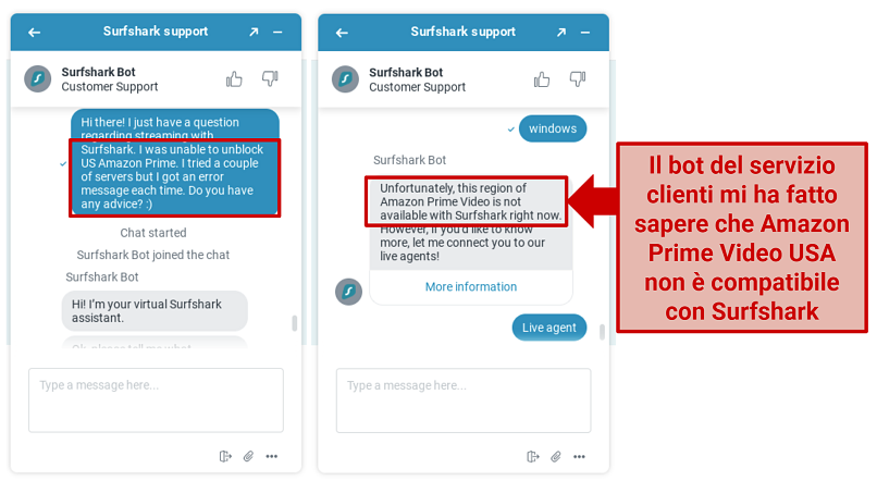 Screenshot of conversation with Surfshark rep explaining it can't unblock Amazon Prime Video