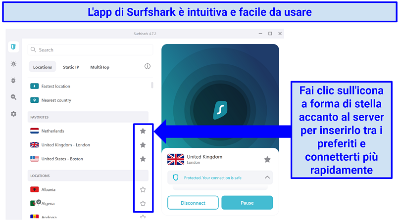 Screenshot showing how to save servers as favorites on Surfshark