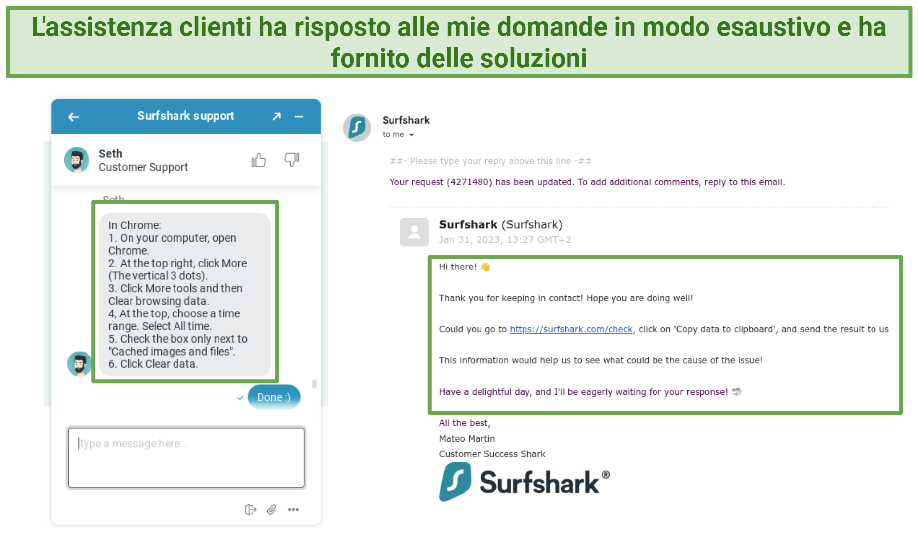 Screenshot showing conversation on Surfsharks live chat and email ticketing system