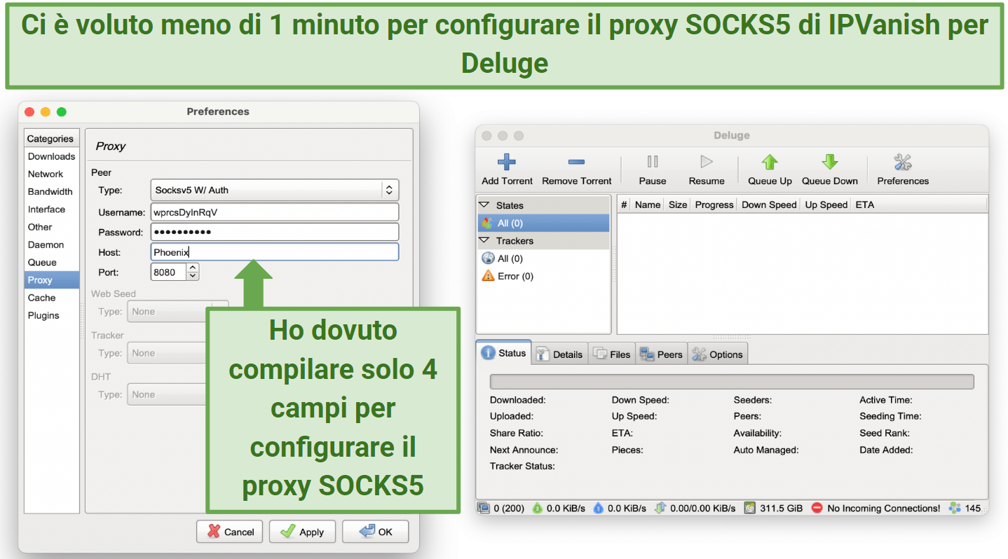 Screenshot showing the Preferences panel on the Deluge torrent client, with IPVanish's SOCKS5 proxy configurations