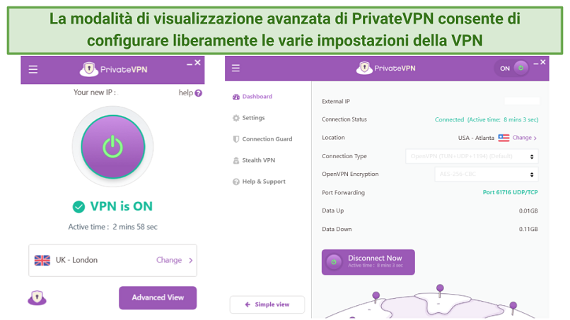 Screenshot showing PrivateVPN's interface