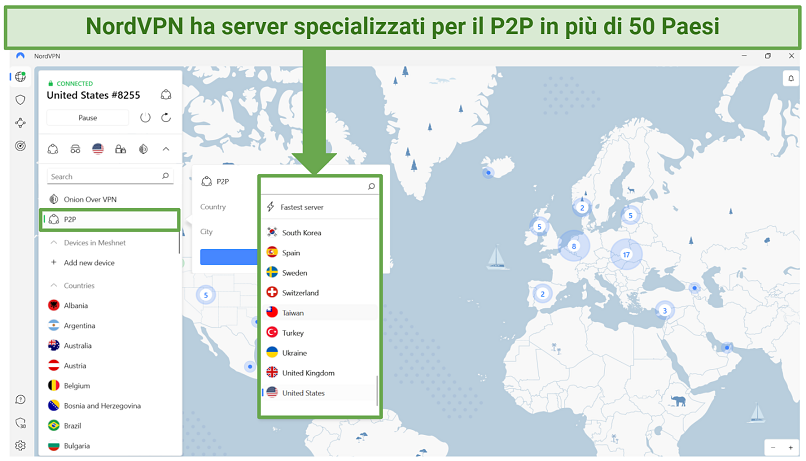 an image displaying a list of Nord's P2P servers