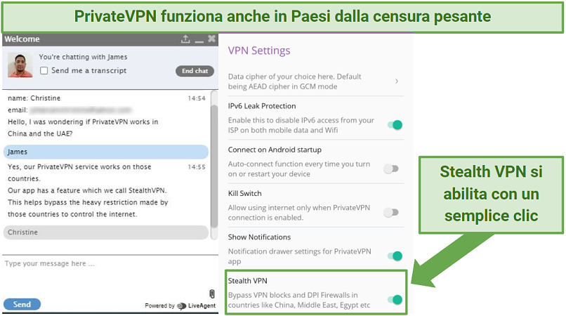 Indication within PrivateVPN's Android app of where to locate Stealth VPN in its settings