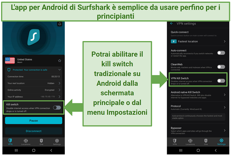 A screenshot of Surfshark's Android app showing the kill switch option on the main screen and in the Settings menu