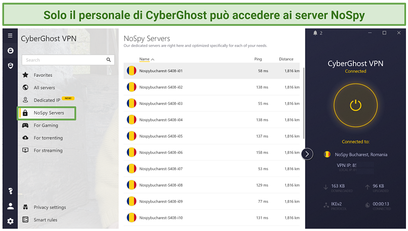 Screenshot showing CyberGhost's list of NoSpy servers in Romania