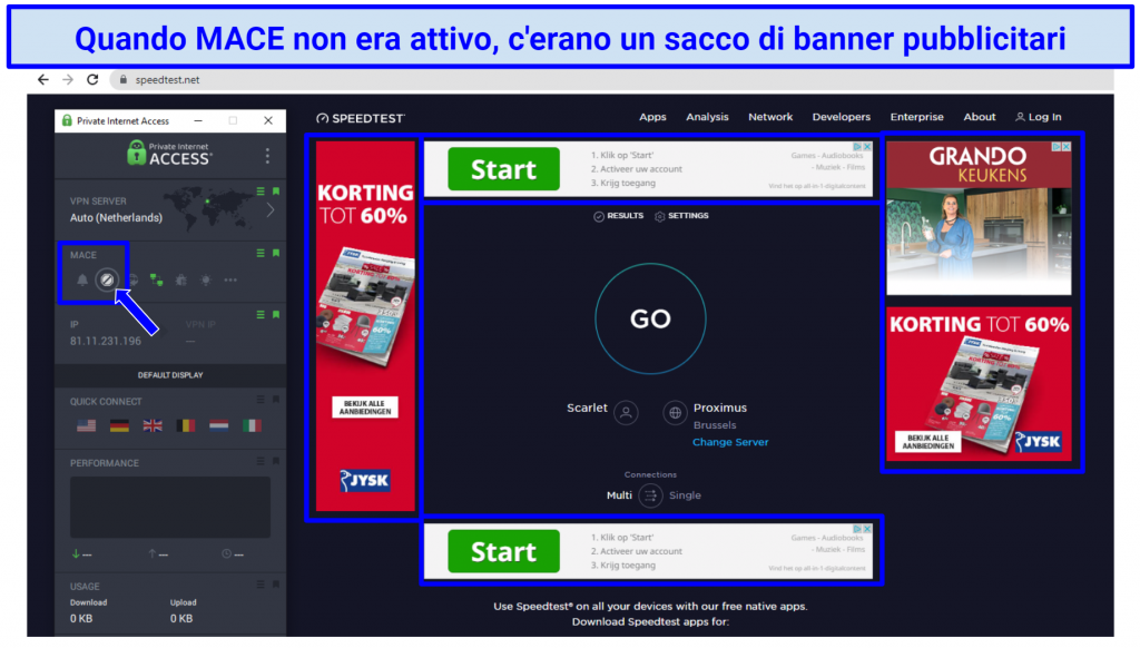 Screenshot showing webpage with ads before Private Internet Access VPN's MACE feature activated