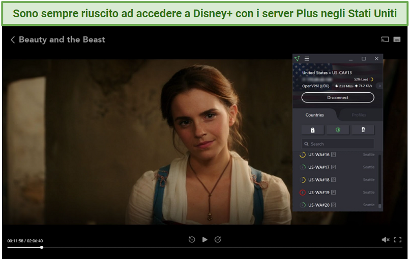 Screenshot of Disney+ player streaming Beauty and the Beast unblocked with Proton VPN 