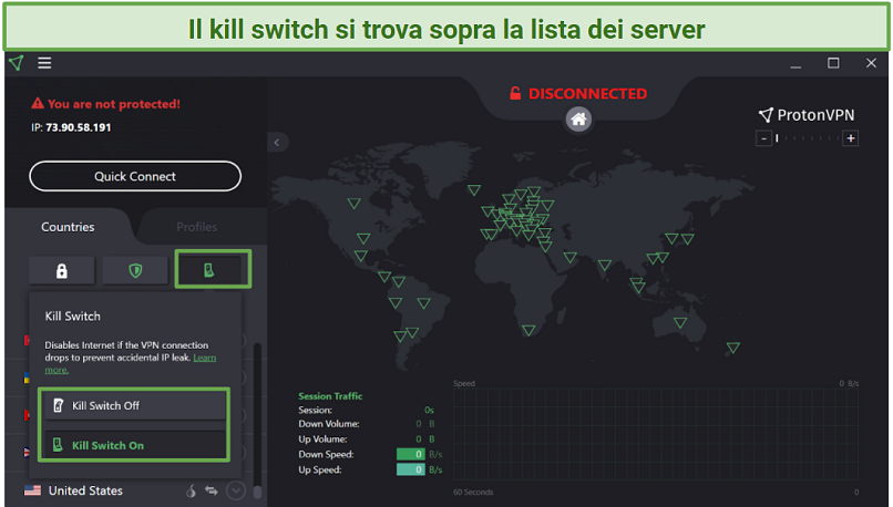 Screenshot of the Proton VPN UI showing where to find the kill switch