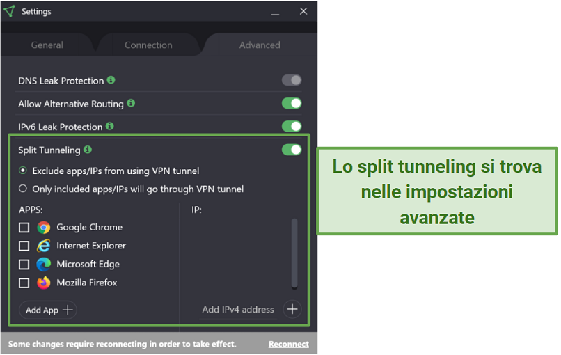 Screenshot of Proton VPN settings showing where to find split tunneling