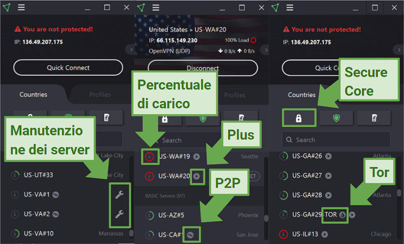 Screenshot of Proton VPN app highlighting what the different symbols signify