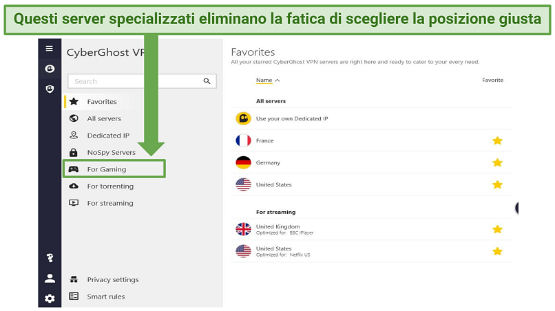 Screenshot showing where to find CyberGhost's gaming servers