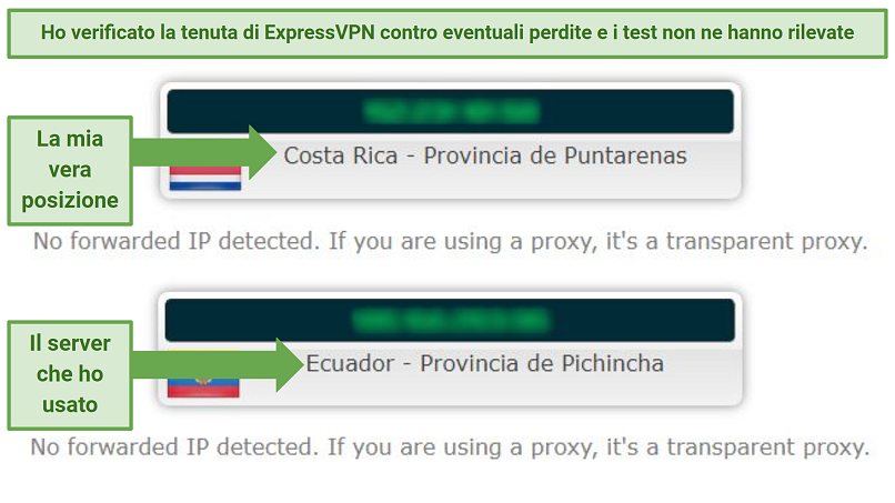 Leak test results showing that ExpressVPN successfully concealed my real IP address and location