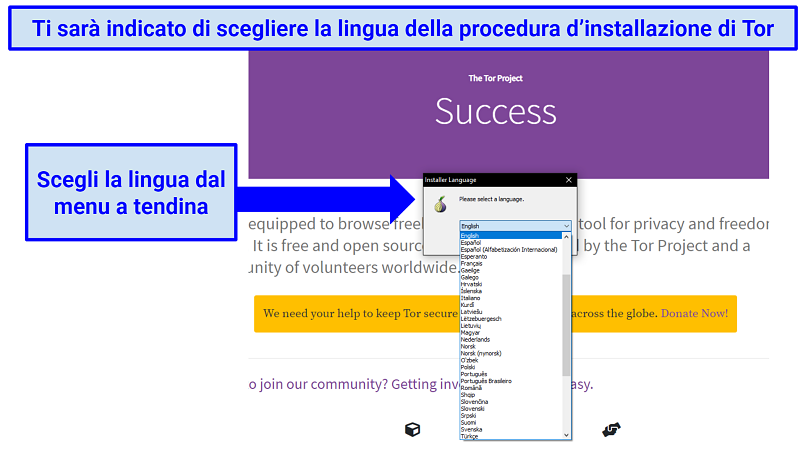 Instructions displaying how to select Tor's language preference