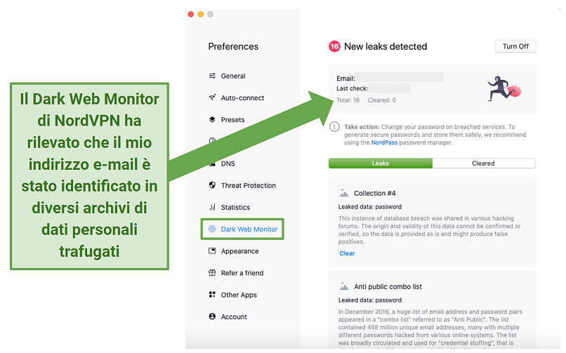 Screenshot of NordVPN's macOS app highlighting the Dark Web Monitor feature 