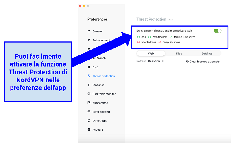 Screenshot of the NordVPN MacOS app highlighting the Threat Protection feature 