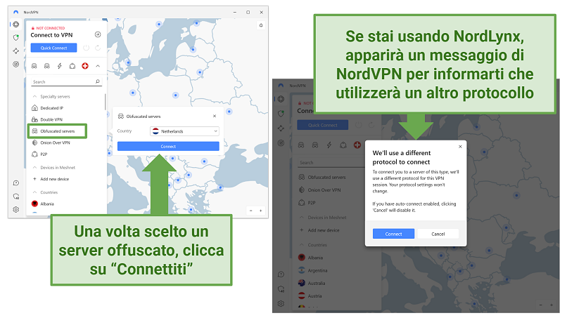 Screenshots of NordVPN's Windows app showing its Obfuscated server drop-down menu and the notification for changing protocols