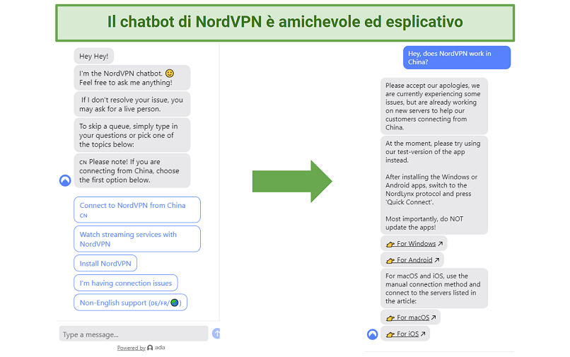 A screenshot of NordVPN's helpful chatbot interface