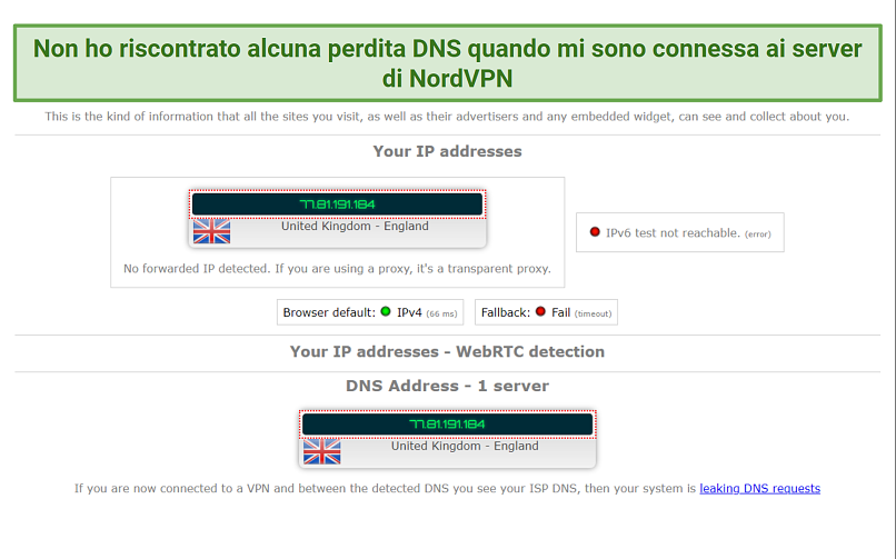 A screenshot of NordVPN's DNS leak tests