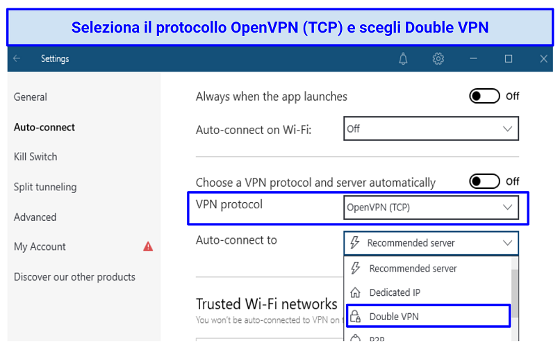 A screenshot of NordVPN's double VPN settings