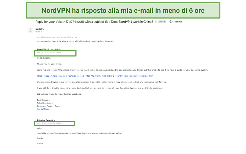 A screenshot of NordVPN's reply after sending a question to customer support