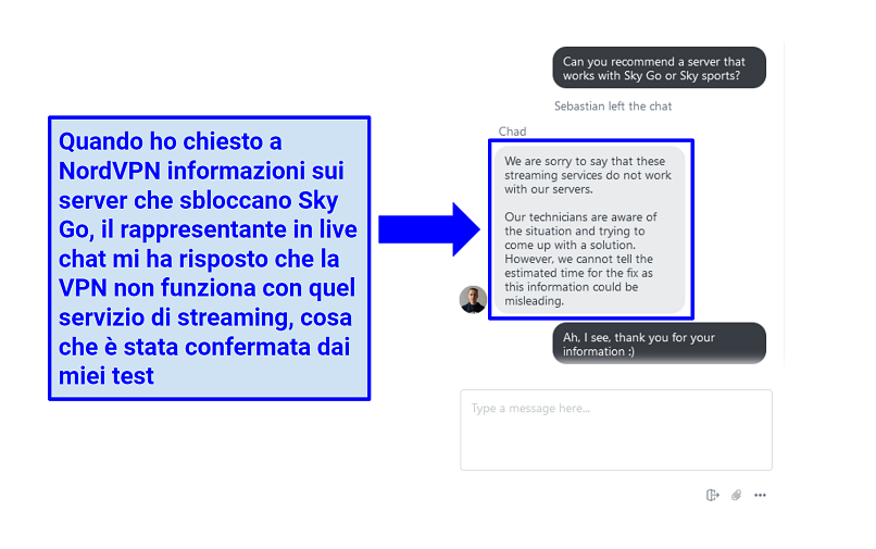 A screenshot of NordVPN live chat rep explaining that NordVPN doesn't work with SkyGO