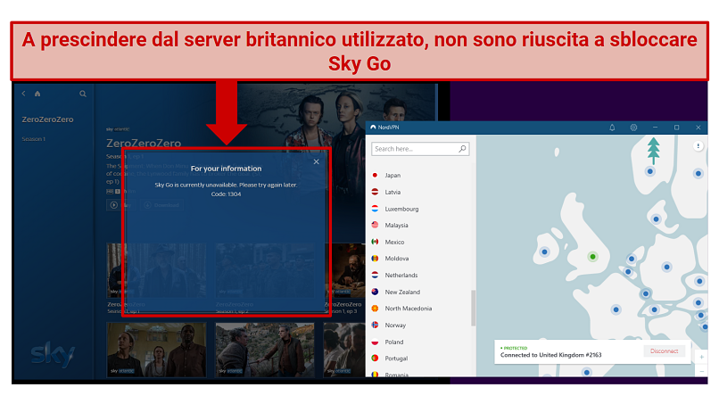 A screenshot of NordVPN not being able to unblock SkyGo
