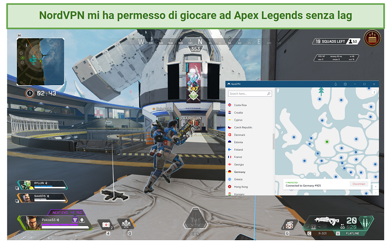 A screenshot of playing Apex Legends with NordVPN