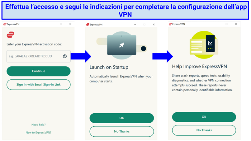 Screenshots of ExpressVPN's set-up prompts
