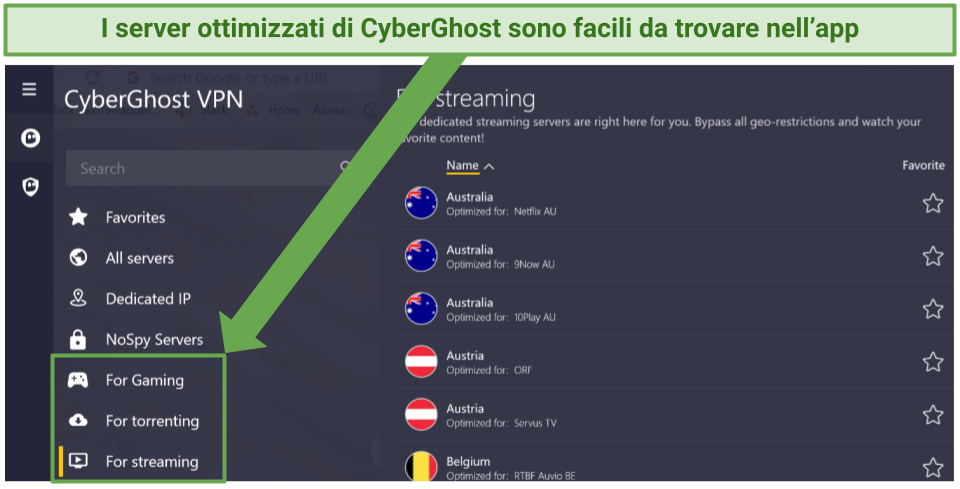 screenshot of CyberGhost's optimized servers in the app