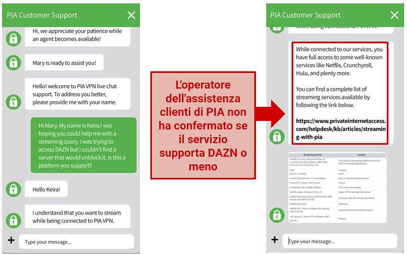 Screenshot of PIA's customer support agent answering a question about streaming