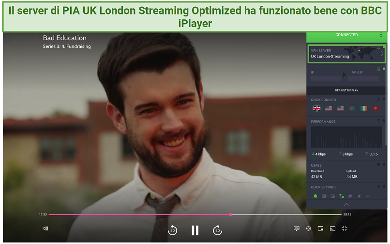 Screenshot of BBC iPlayer streaming Bad Education while connected to PIA