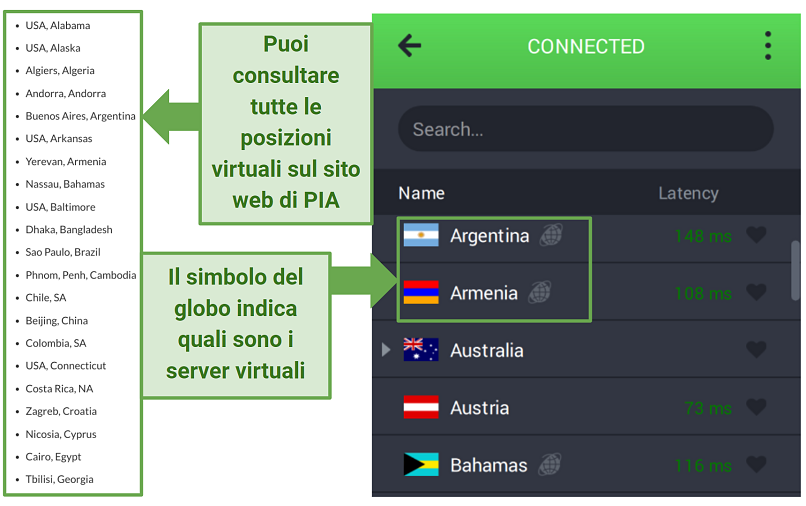 Screenshots of PIA's website and app showing its virtual server locations