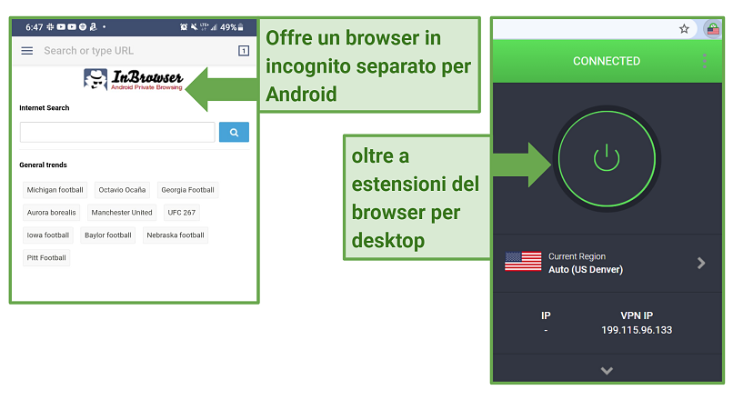 Screenshot of InBrowser and Private Internet Access' Chrome browser extension