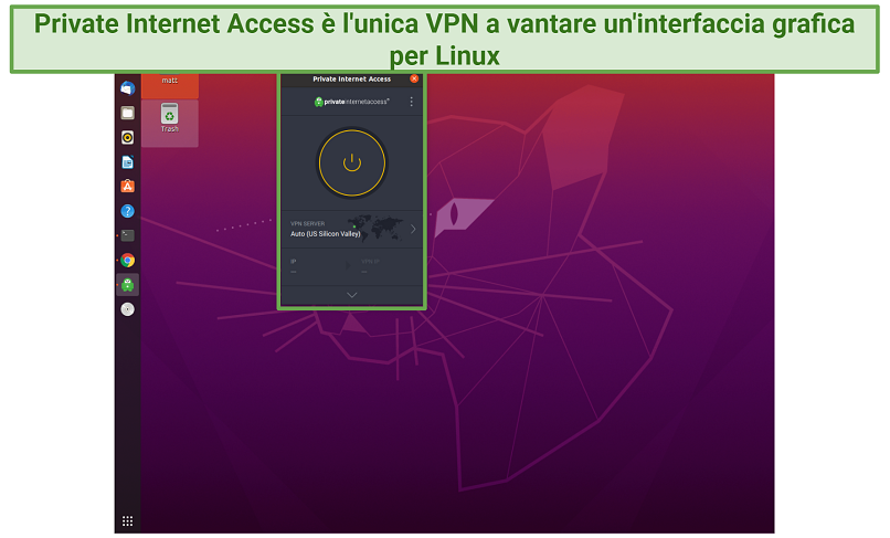 Screenshot of Private Internet Access app's GUI on Linux