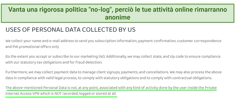 Screenshot of Private Internet Access' Privacy Policy
