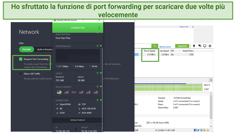 Screenshot of Private Internet Access with port forwarding on while downloading Night of the Living Dead with Utorrent