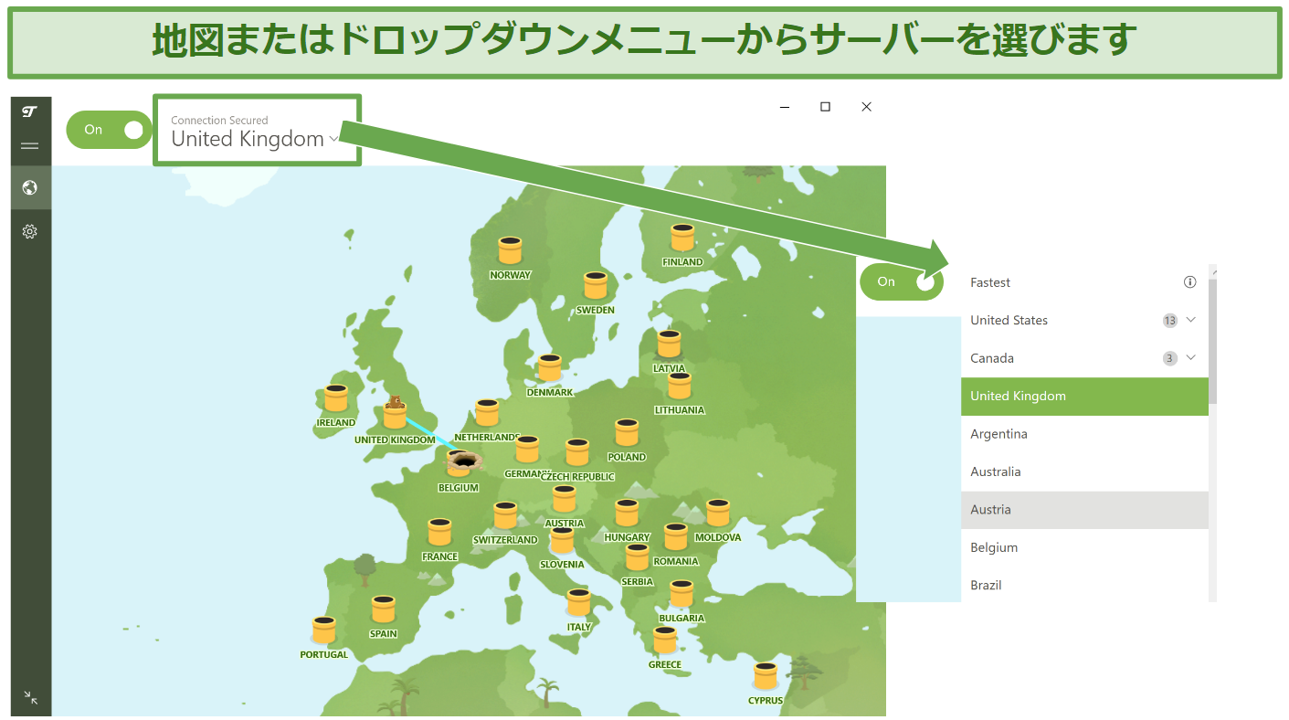 Screenshot showing TunnelBear Free VPN user interface and how to select server locations