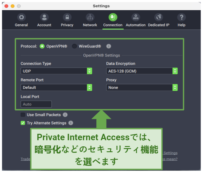 Graphic showing PIA security settings