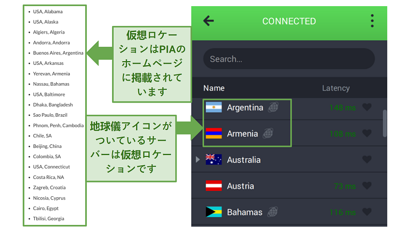 Screenshots of PIA's website and app showing its virtual server locations